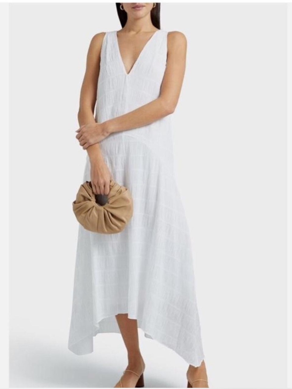 FRAME Savannah Shirred Poplin Crinkle V-Neck Asymmetrical Maxi White Dress Med - Picture 4 of 9